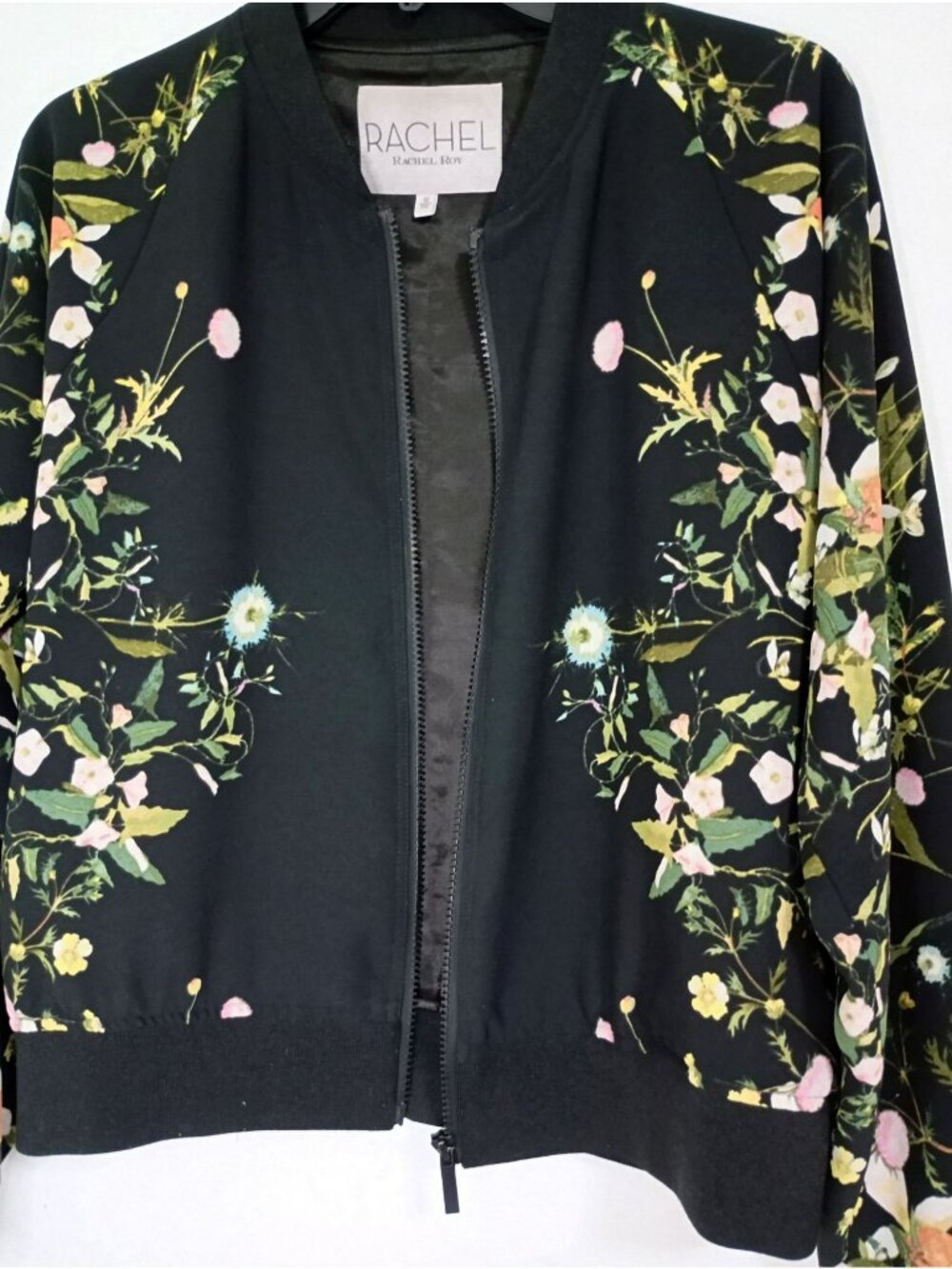 Rachel Roy Black Bomber Jacket With Floral Print Zip Closure Medium Womens - Picture 6 of 10